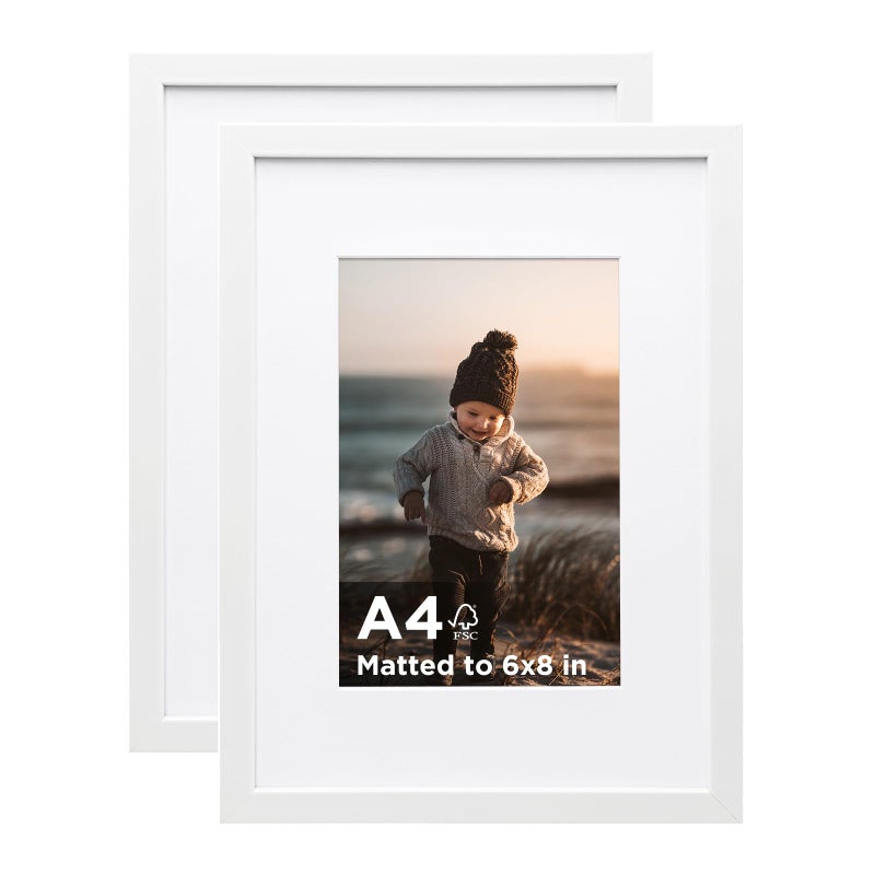 KINLINK A4 Picture Frame White Set of 2 Wooden Photo Frames Matted A5 with Plexiglass for A5 with Mat or A4 without Mat for Table and Wall Display