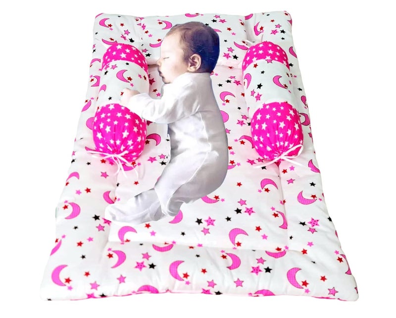 First Kick Gift Pack of Cotton New Born Baby Bedding with 3 Pillow Set Pink, White Set of 1 - Image 1