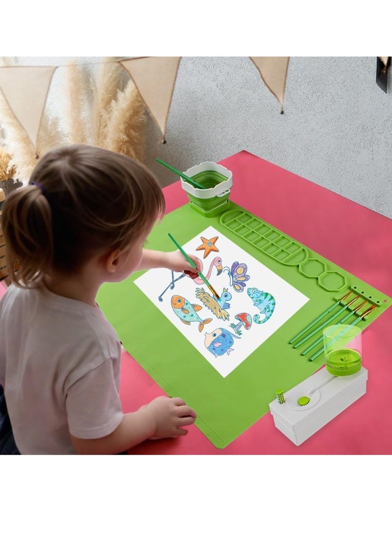 UKR UKR Kids Painting & Drawing Silicone Mat – Non-Stick Craft Mat with Foldable Cup & Paintbrushes | Easy Clean Artist Mat for Kids (Green) - Image 5