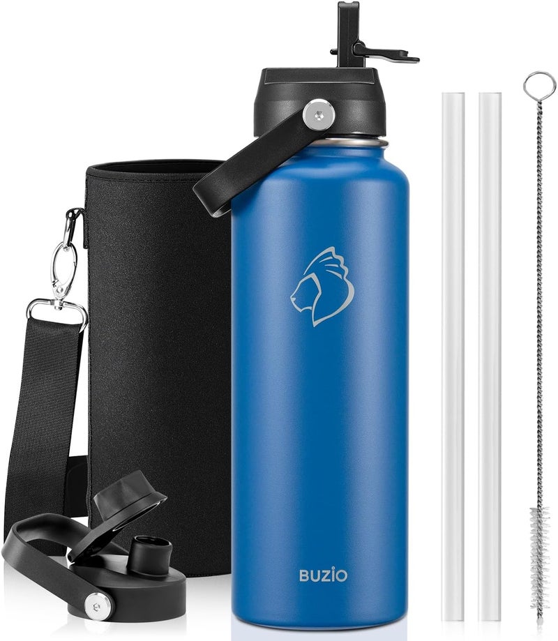 BUZIO Double Wall Stainless Steel Sports Wide Mouth Water Bottle, BPA-Free Flex Cap and Straw Lid, 40 Ounces & 32 Ounces Water Bottle - Image 1