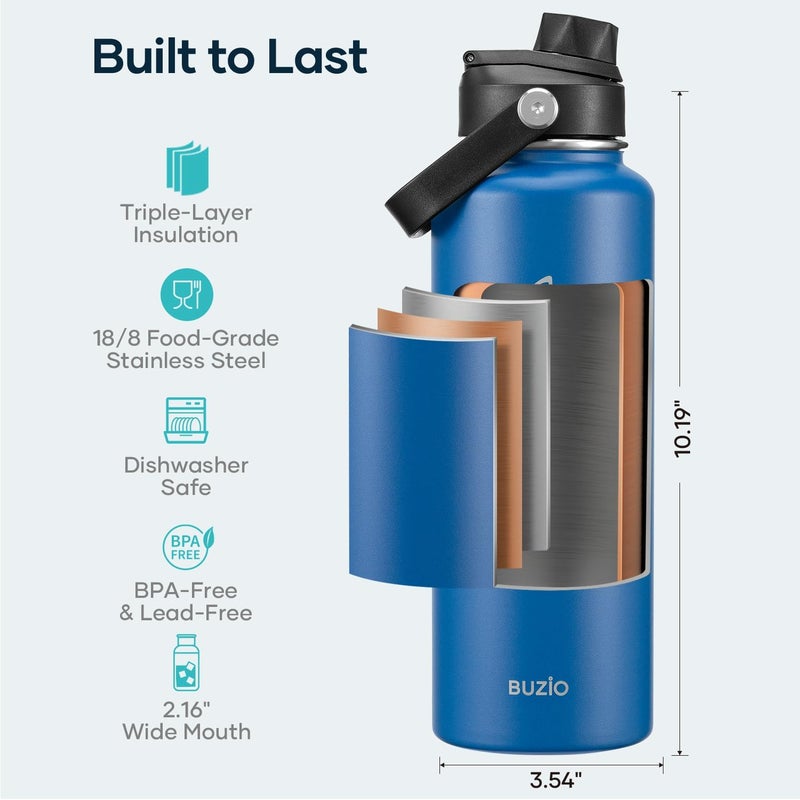 BUZIO Double Wall Stainless Steel Sports Wide Mouth Water Bottle, BPA-Free Flex Cap and Straw Lid, 40 Ounces & 32 Ounces Water Bottle - Image 3