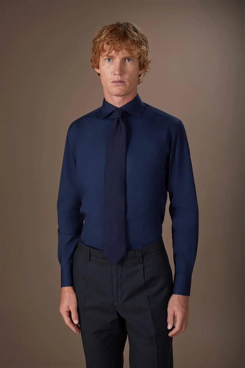 Men's 100% cotton French collar classic shirt stretch slub fabric - Blue