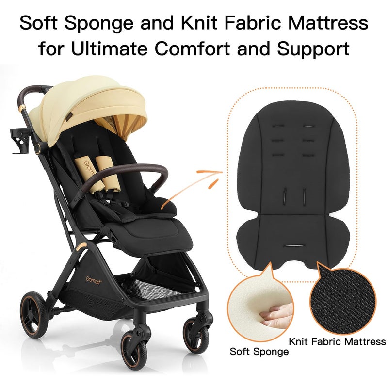 Gromast Gravity Folding Baby Stroller - Portable Travel Toddler Stroller w/Adjustable Backrest, Canopy, Footmuff & Cup Holder, Lightweight and UV Protected, One-Hand Automatic Folding - Beige - Image 3