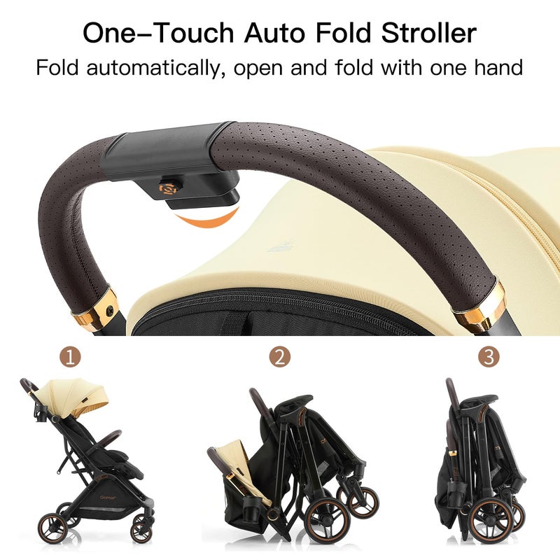 Gromast Gravity Folding Baby Stroller - Portable Travel Toddler Stroller w/Adjustable Backrest, Canopy, Footmuff & Cup Holder, Lightweight and UV Protected, One-Hand Automatic Folding - Beige - Image 2