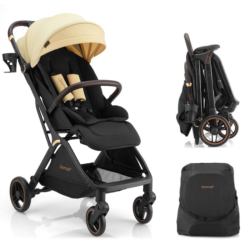 Gromast Gravity Folding Baby Stroller - Portable Travel Toddler Stroller w/Adjustable Backrest, Canopy, Footmuff & Cup Holder, Lightweight and UV Protected, One-Hand Automatic Folding - Beige - Image 1