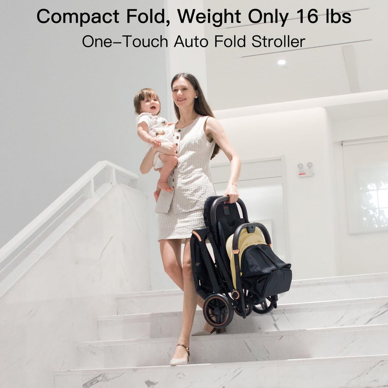 Gromast Gravity Folding Baby Stroller - Portable Travel Toddler Stroller w/Adjustable Backrest, Canopy, Footmuff & Cup Holder, Lightweight and UV Protected, One-Hand Automatic Folding - Beige - Image 4