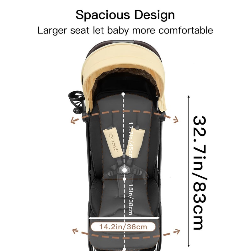 Gromast Gravity Folding Baby Stroller - Portable Travel Toddler Stroller w/Adjustable Backrest, Canopy, Footmuff & Cup Holder, Lightweight and UV Protected, One-Hand Automatic Folding - Beige - Image 5