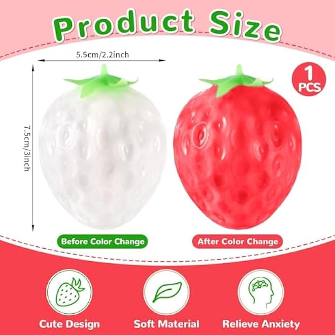 Lonfliness Color Changing Strawberry Squishy Toy Kawaii Strawberry Fidget Sensory Toys Fruit Decompression Toy Stress Relief Squishies Soft Silicone Squeeze Gifts for Adults Party Favors Anxiety Relaxing - Image 4