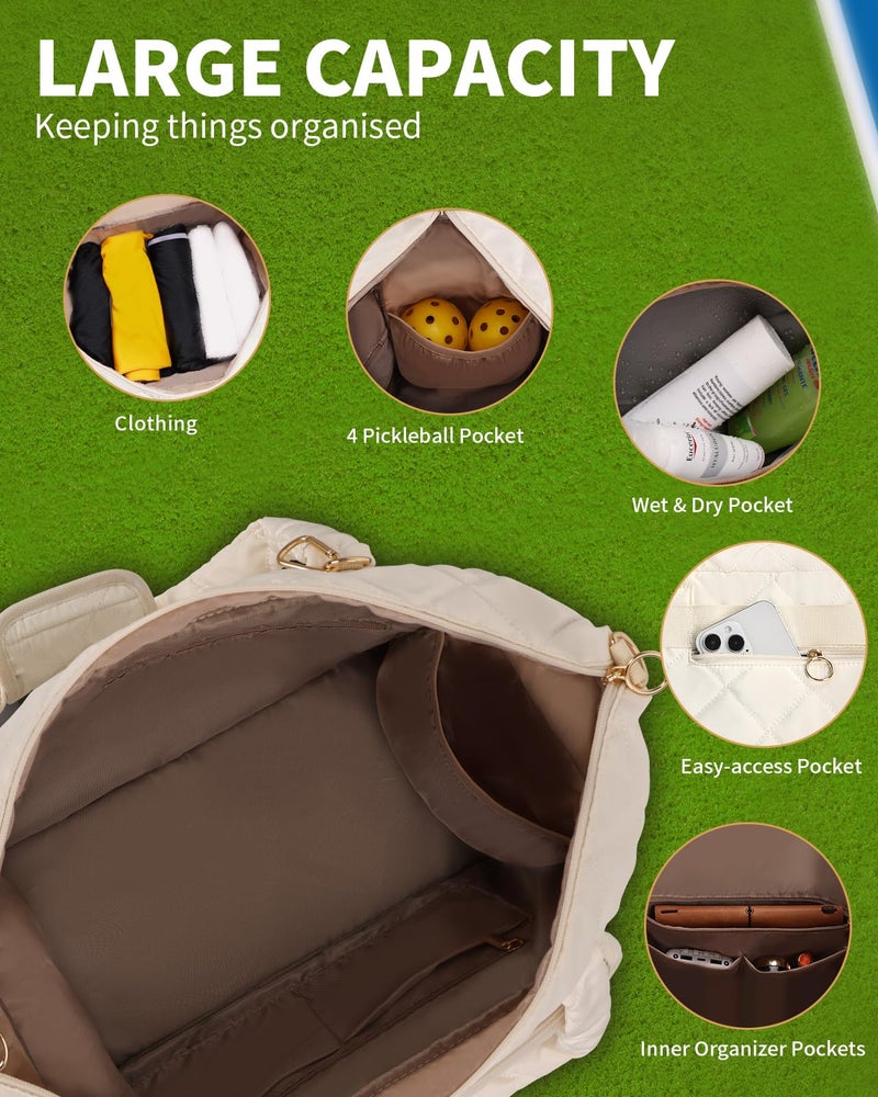 ESTARER Pickleball Bag, Pickleball Tote Bag with Shoe Compartment for Women Large Pickle ball Paddle Storage & Fence Hook (Off White) - Image 4