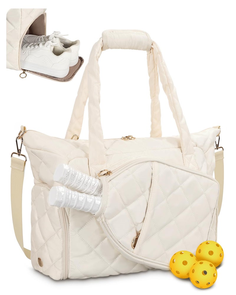 ESTARER Pickleball Bag, Pickleball Tote Bag with Shoe Compartment for Women Large Pickle ball Paddle Storage & Fence Hook (Off White) - Image 1