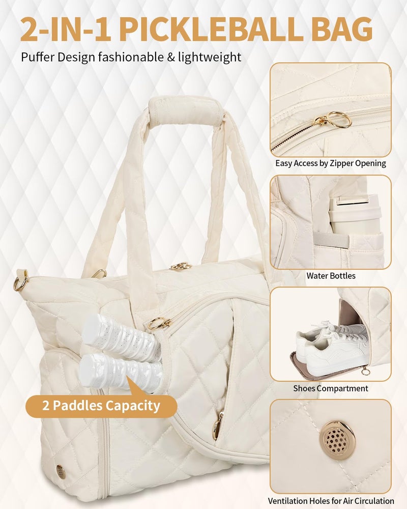 ESTARER Pickleball Bag, Pickleball Tote Bag with Shoe Compartment for Women Large Pickle ball Paddle Storage & Fence Hook (Off White) - Image 3