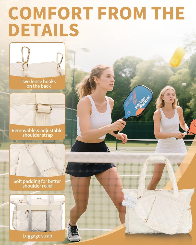 ESTARER Pickleball Bag, Pickleball Tote Bag with Shoe Compartment for Women Large Pickle ball Paddle Storage & Fence Hook (Off White) - Image 5