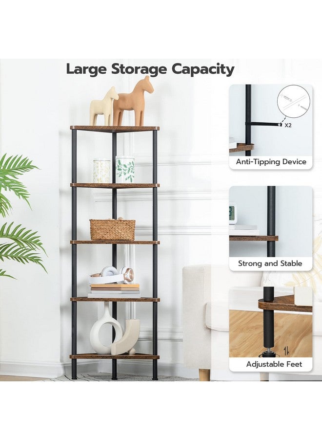 HOOBRO HOOBRO Corner Shelf Stand, Industrial 5-Tier Corner Bookshelf with Metal Frame, Plant Display Shelf, Small Bookcase for Small Spaces, Bedroom, Living Room, Rustic Brown BF33CJ01  - Image 4