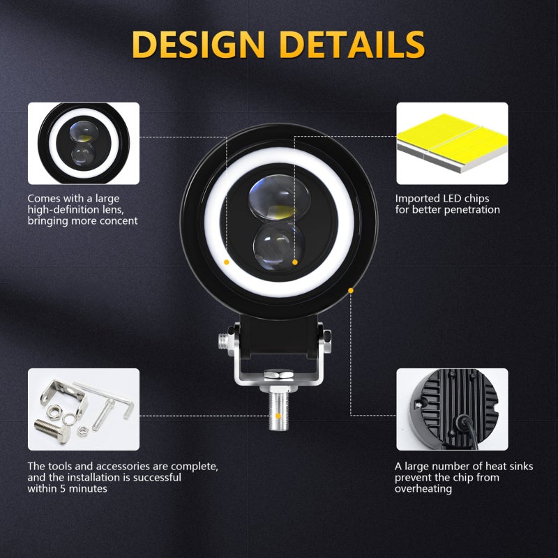 Motorcycle LED Driving Lights, 60W 6000K Super Bright Spotlights Waterproof Fog Lights for Cars Tractors Trucks ATVs SUVs Boats (White Light, 2 Pack) - Image 5