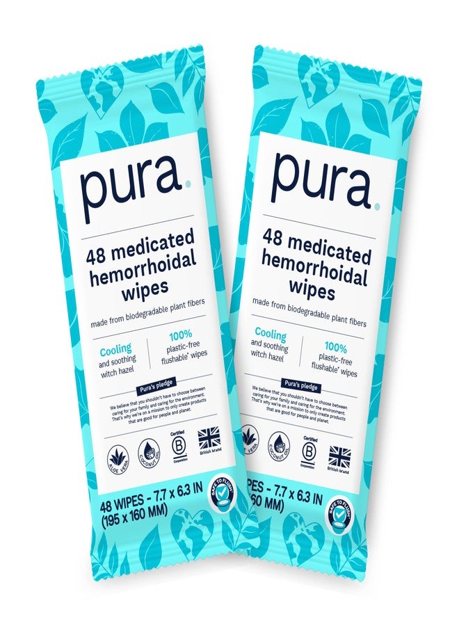Pura XL Flushable Medicated Wipes for Hemorrhoid Relief, Extra-Large, Fragrance-Free Wet Wipes with Witch Hazel, Coconut Oil & Aloe, Skin Soothing, 96 Wipes (2 Packs) - Image 1