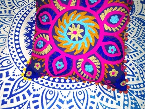 INDACORIFY Suzani Pillows, Embroidered Cushion Cover 16x16, Decorative Throw Pillow Case, Indian Pom Pom Outdoor Cushions, Boho Pillow Shams - Image 3