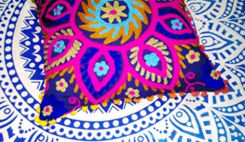 INDACORIFY Suzani Pillows, Embroidered Cushion Cover 16x16, Decorative Throw Pillow Case, Indian Pom Pom Outdoor Cushions, Boho Pillow Shams - Image 2