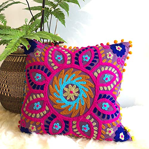 INDACORIFY Suzani Pillows, Embroidered Cushion Cover 16x16, Decorative Throw Pillow Case, Indian Pom Pom Outdoor Cushions, Boho Pillow Shams - Image 1