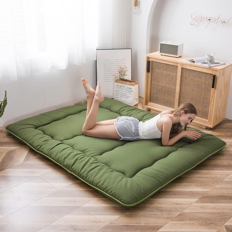 MAXYOYO Japanese Floor Mattress Futon Mattress, Thicken Sleeping Pad Foldable Roll Up Floor Futon for Adults Tatami Mat Dormitory Bed Lounger, Green, Full Size - Image 2