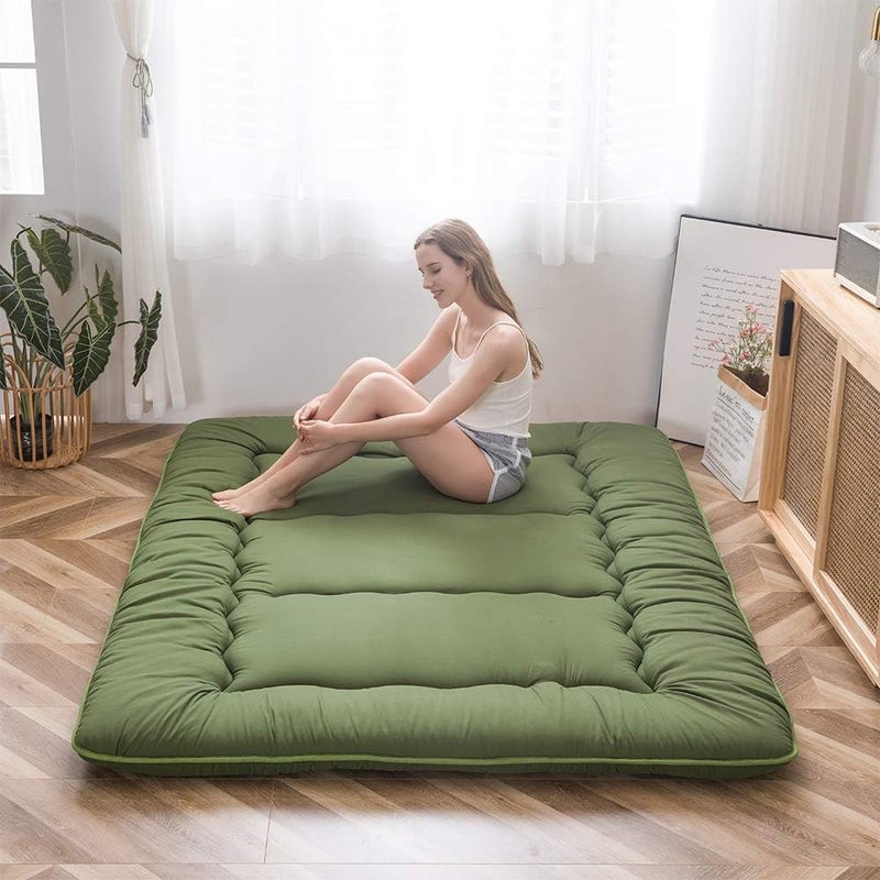 MAXYOYO Japanese Floor Mattress Futon Mattress, Thicken Sleeping Pad Foldable Roll Up Floor Futon for Adults Tatami Mat Dormitory Bed Lounger, Green, Full Size - Image 1
