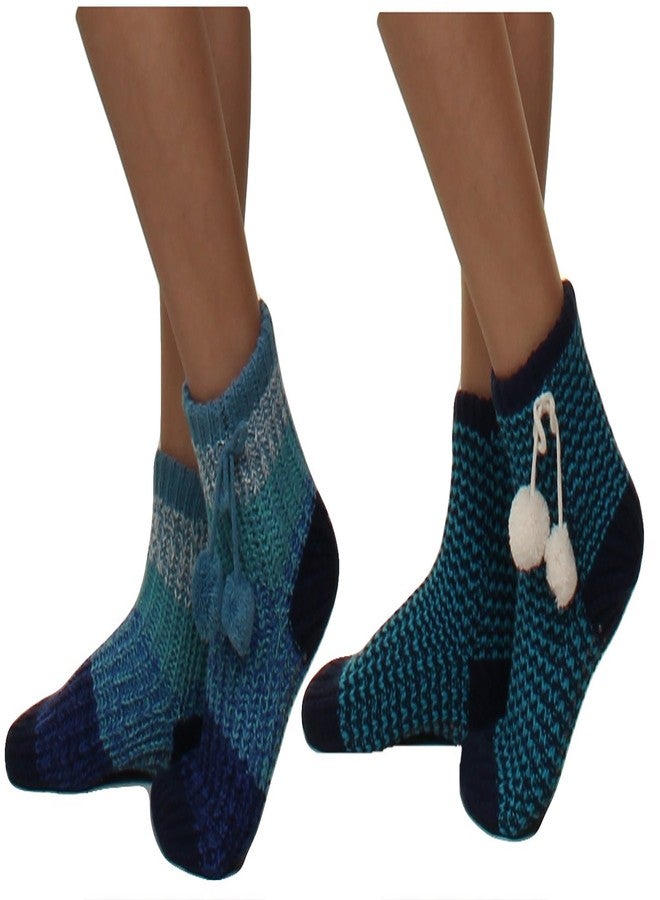 Gilbins 2-Pair Womens Christmas Holiday Thick Knit Slipper Socks with Non-skid Soles Size 9-11 (Blue)