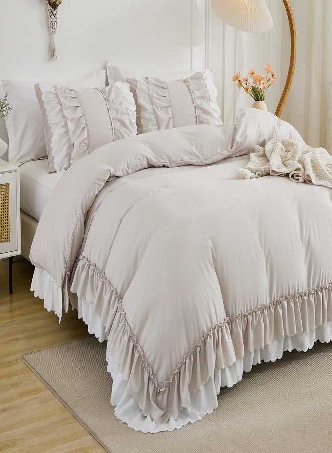 Herside Beige Ruffle Comforter Set Queen Size,Boho Shabby Chic Bedding Sets, Soft Fluffy Comforters Sets for All Season,Vintage Ruffled 3 Pcs Microfiber Lightweight Quilt Set Gift for Women Girls - Image 1