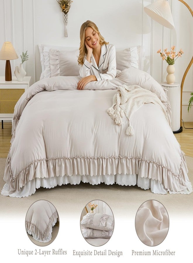 Herside Beige Ruffle Comforter Set Queen Size,Boho Shabby Chic Bedding Sets, Soft Fluffy Comforters Sets for All Season,Vintage Ruffled 3 Pcs Microfiber Lightweight Quilt Set Gift for Women Girls - Image 2