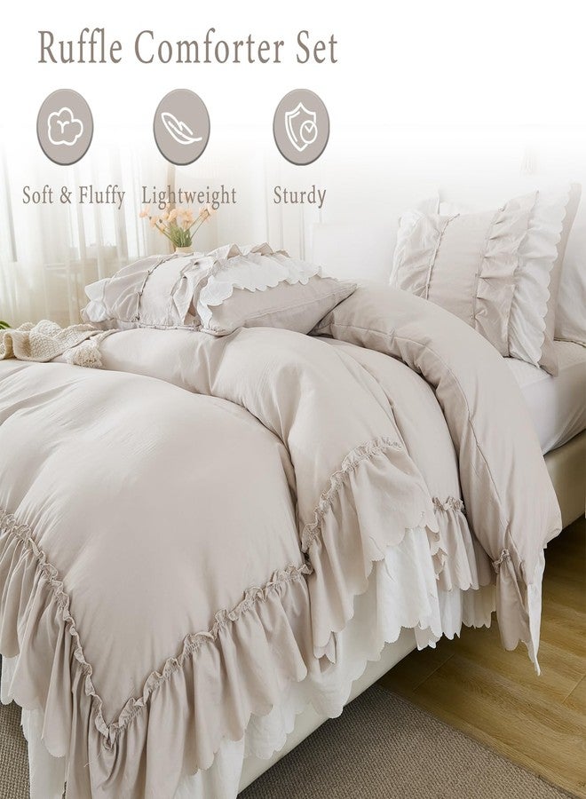 Herside Beige Ruffle Comforter Set Queen Size,Boho Shabby Chic Bedding Sets, Soft Fluffy Comforters Sets for All Season,Vintage Ruffled 3 Pcs Microfiber Lightweight Quilt Set Gift for Women Girls - Image 3