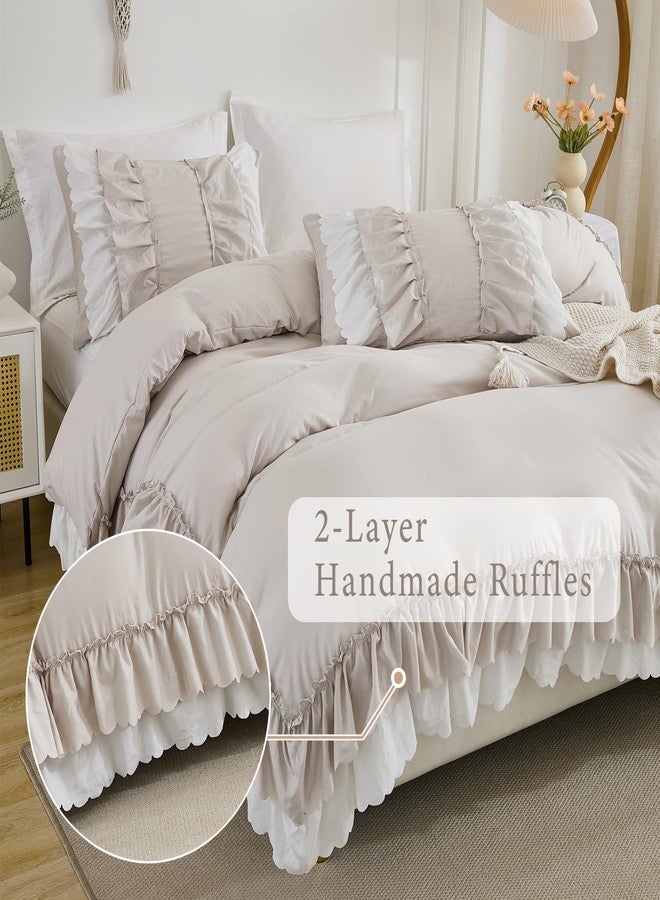 Herside Beige Ruffle Comforter Set Queen Size,Boho Shabby Chic Bedding Sets, Soft Fluffy Comforters Sets for All Season,Vintage Ruffled 3 Pcs Microfiber Lightweight Quilt Set Gift for Women Girls - Image 4