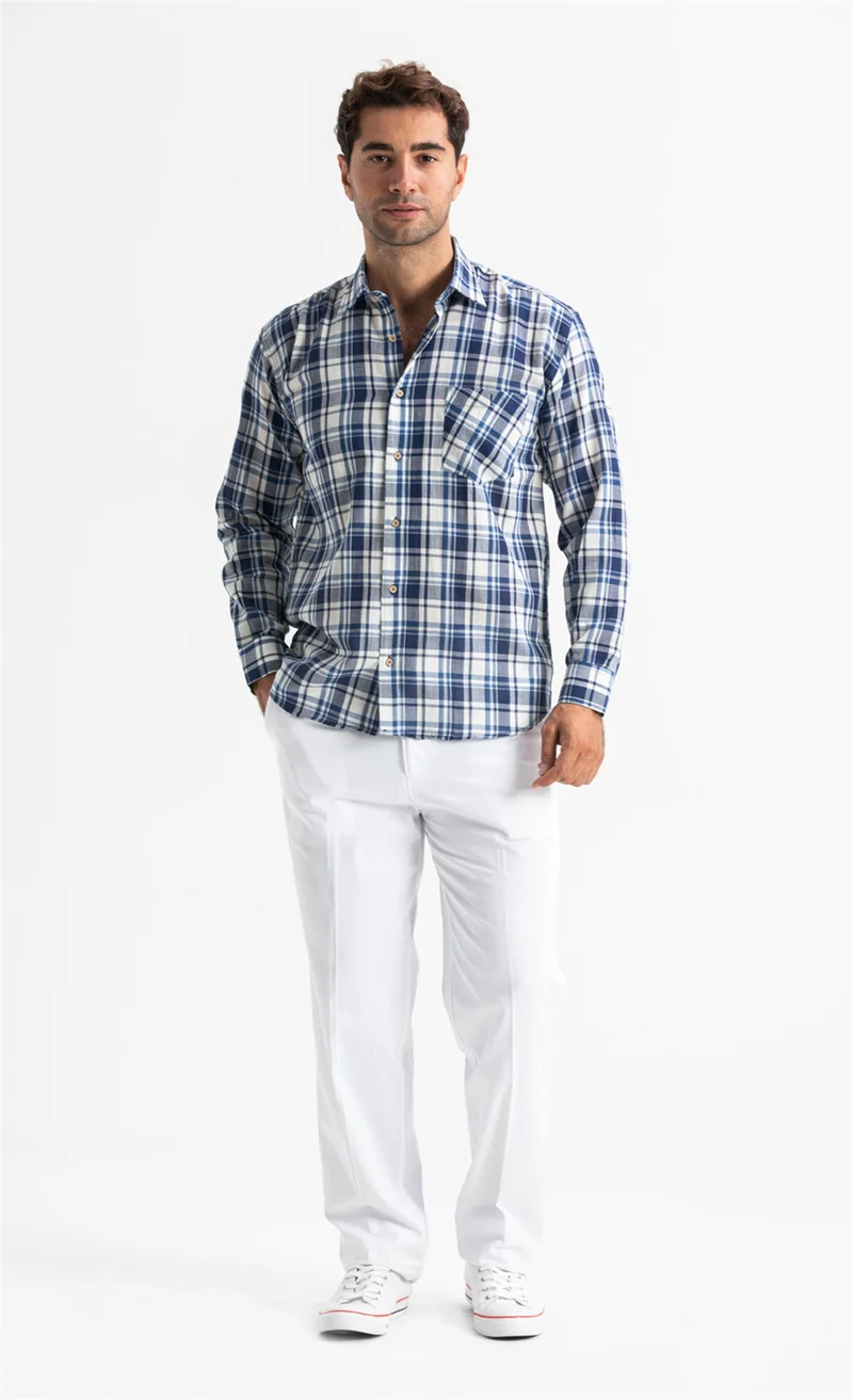 Eliş Şile Bezi Long Sleeve Şile Cloth Single Pocket Men's Shirt Navy Blue Plaid 3058