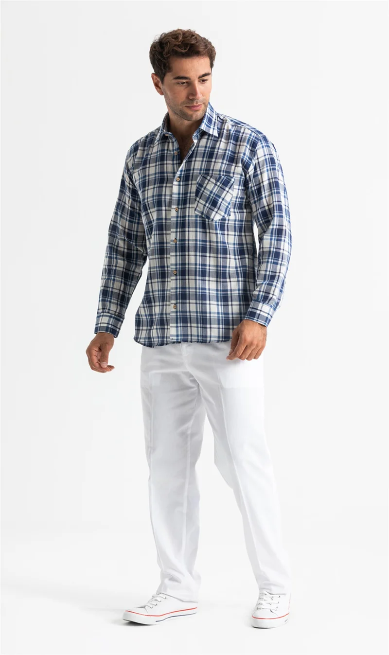 Eliş Şile Bezi Long Sleeve Şile Cloth Single Pocket Men's Shirt Navy Blue Plaid 3058