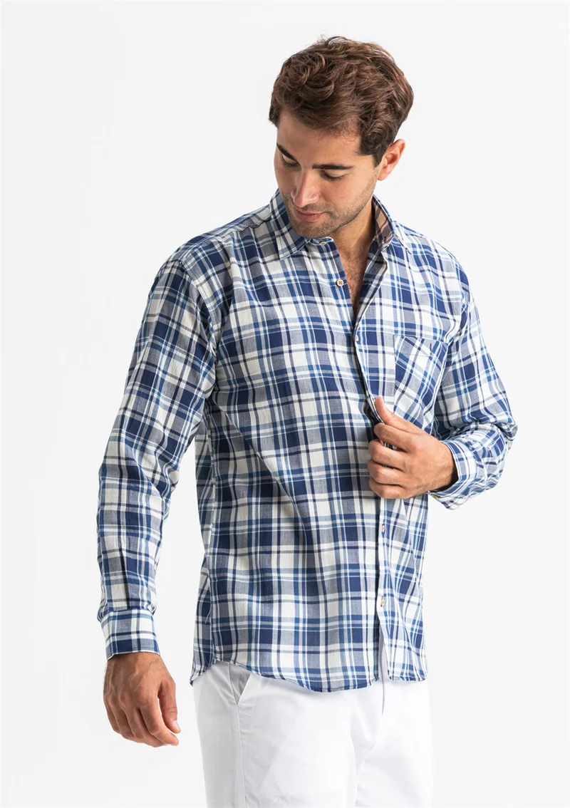 Eliş Şile Bezi Long Sleeve Şile Cloth Single Pocket Men's Shirt Navy Blue Plaid 3058
