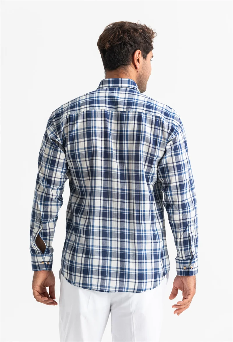 Eliş Şile Bezi Long Sleeve Şile Cloth Single Pocket Men's Shirt Navy Blue Plaid 3058