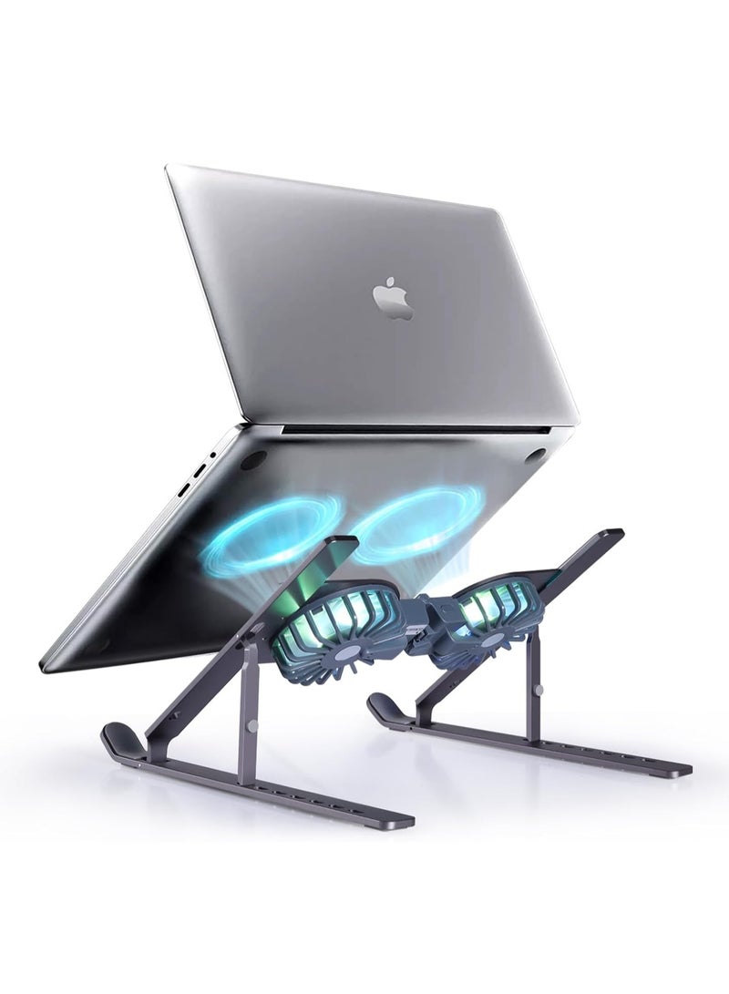 Aluminum Foldable Laptop Stand with 2 Cooling Fans and RGB Lighting, Compatible with 10 to 15.6 Inch Laptops, Silver - Image 1