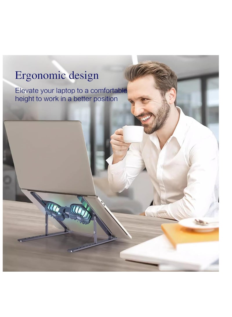 Aluminum Foldable Laptop Stand with 2 Cooling Fans and RGB Lighting, Compatible with 10 to 15.6 Inch Laptops, Silver - Image 2