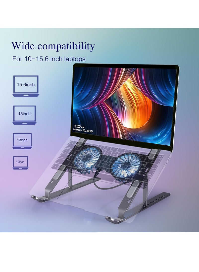 Aluminum Foldable Laptop Stand with 2 Cooling Fans and RGB Lighting, Compatible with 10 to 15.6 Inch Laptops, Silver - Image 3