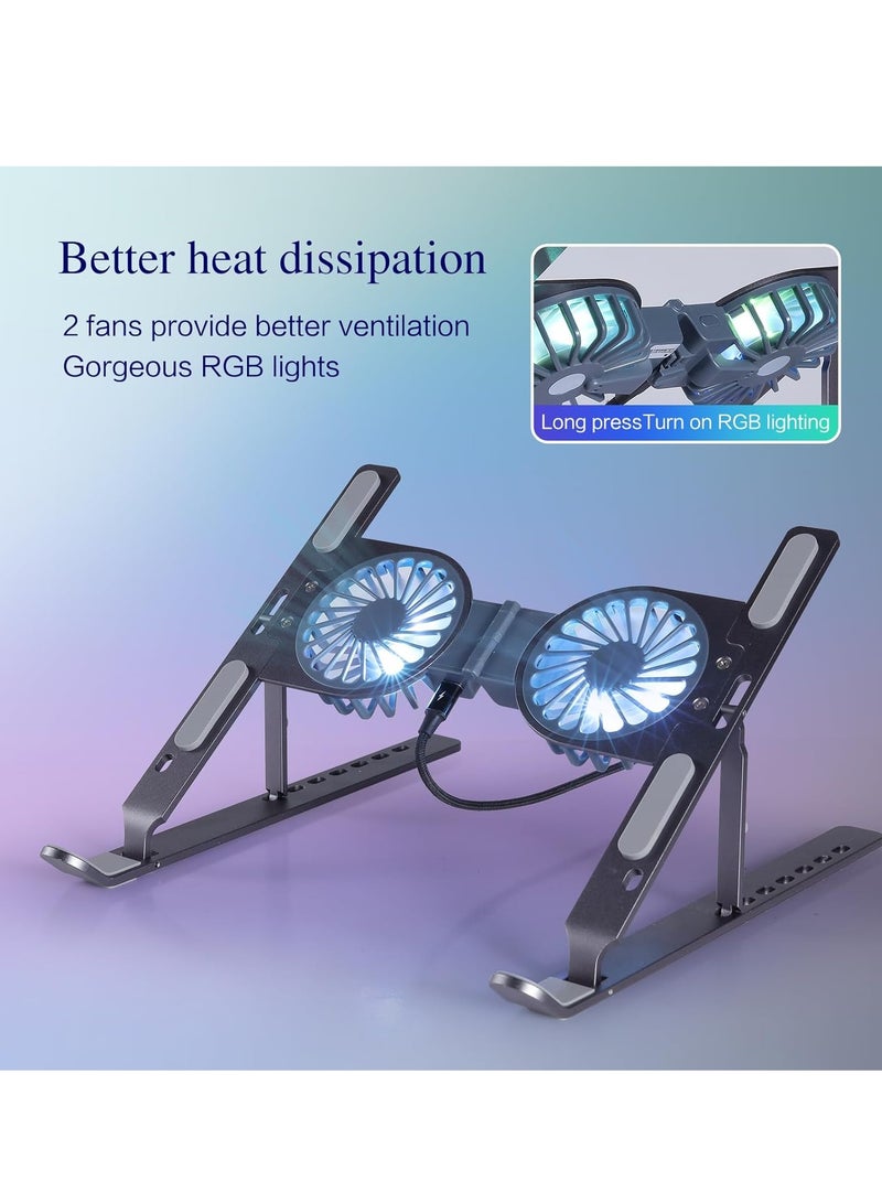Aluminum Foldable Laptop Stand with 2 Cooling Fans and RGB Lighting, Compatible with 10 to 15.6 Inch Laptops, Silver - Image 4
