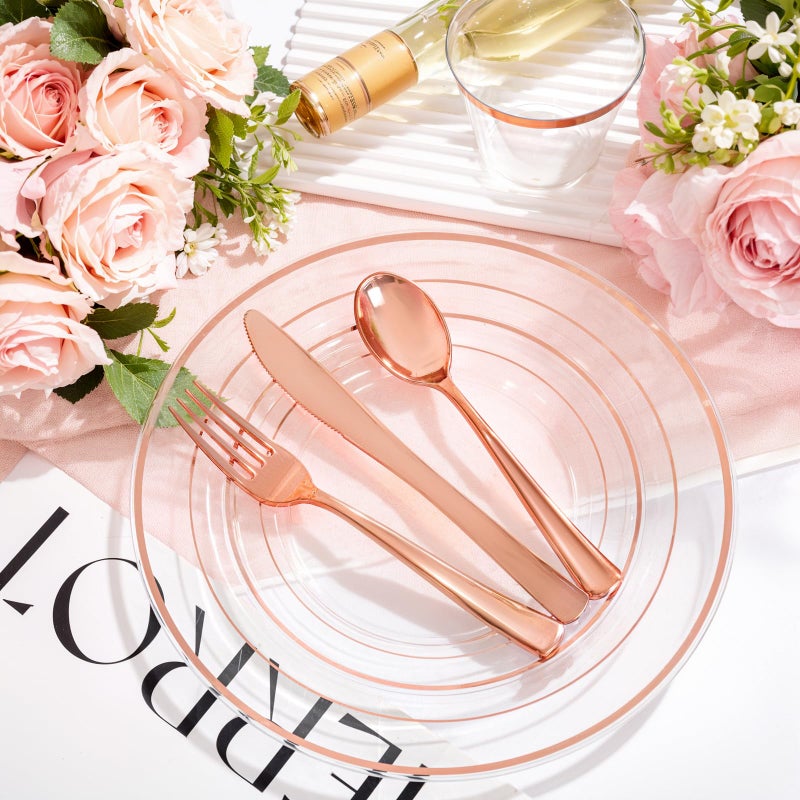 bUCLA 150PCS Clear Rose Gold Disposable Dinnerware set - Rose Gold Plastic Plates Include 25 Dinner / 25 Dessert Plates  25 Knives  25 Forks  25 Spoons  25 Cups for Party  Wedding & Mother's Day - Image 2
