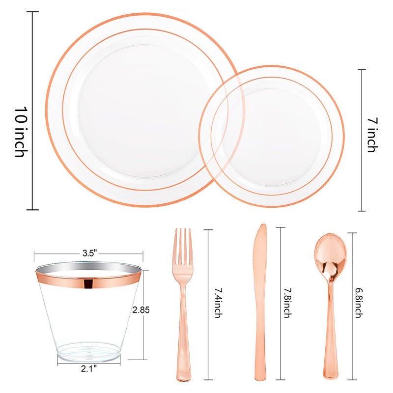 bUCLA 150PCS Clear Rose Gold Disposable Dinnerware set - Rose Gold Plastic Plates Include 25 Dinner / 25 Dessert Plates  25 Knives  25 Forks  25 Spoons  25 Cups for Party  Wedding & Mother's Day - Image 1