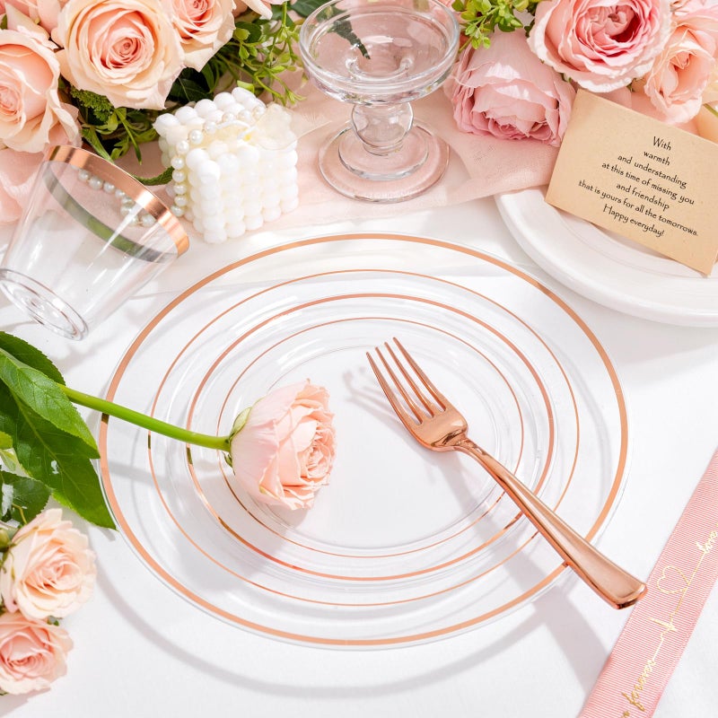 bUCLA 150PCS Clear Rose Gold Disposable Dinnerware set - Rose Gold Plastic Plates Include 25 Dinner / 25 Dessert Plates  25 Knives  25 Forks  25 Spoons  25 Cups for Party  Wedding & Mother's Day - Image 3