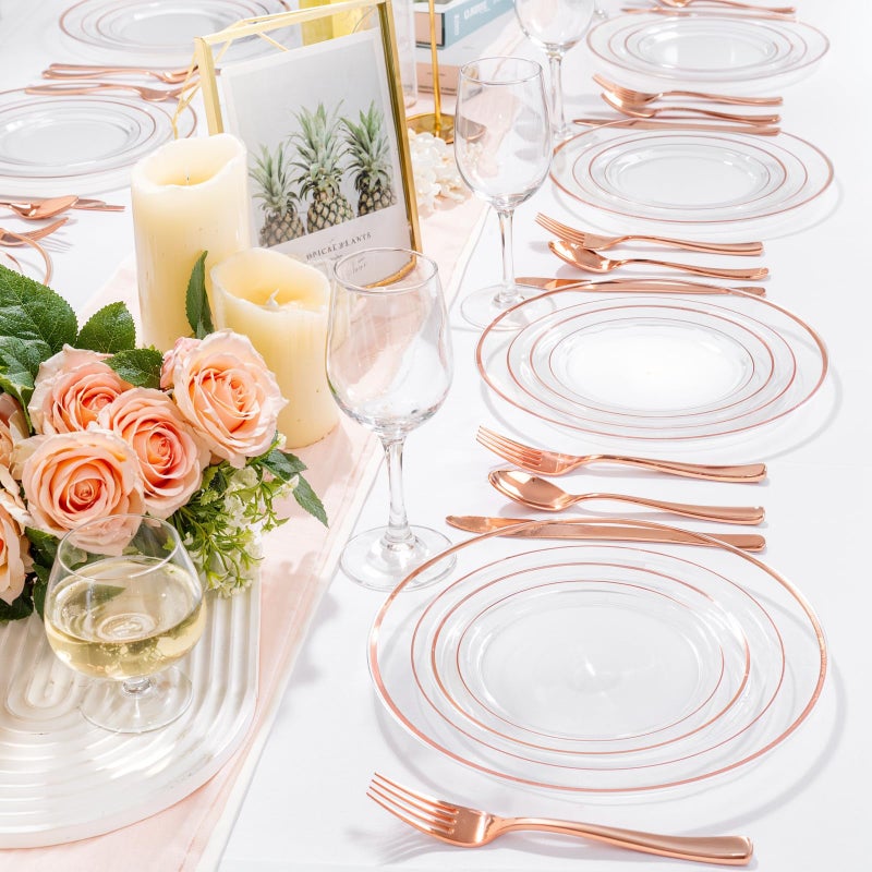 bUCLA 150PCS Clear Rose Gold Disposable Dinnerware set - Rose Gold Plastic Plates Include 25 Dinner / 25 Dessert Plates  25 Knives  25 Forks  25 Spoons  25 Cups for Party  Wedding & Mother's Day - Image 4