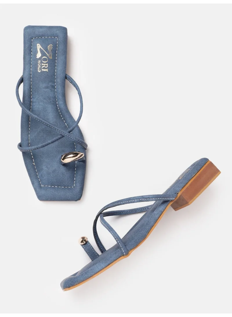 زوري وورلد نوفا أحذية مسطحة مربعة من الدنيم الأزرق بكعب للنساء للخروج والعشاء