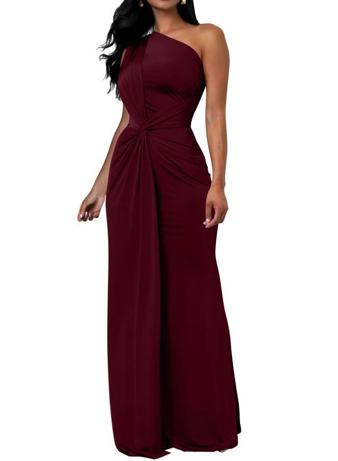 Memoriesea Women's Elegant Sleeveless One Shoulder Bodycon Evening Cocktail Maxi Dress, Burgundy, L - Image 1