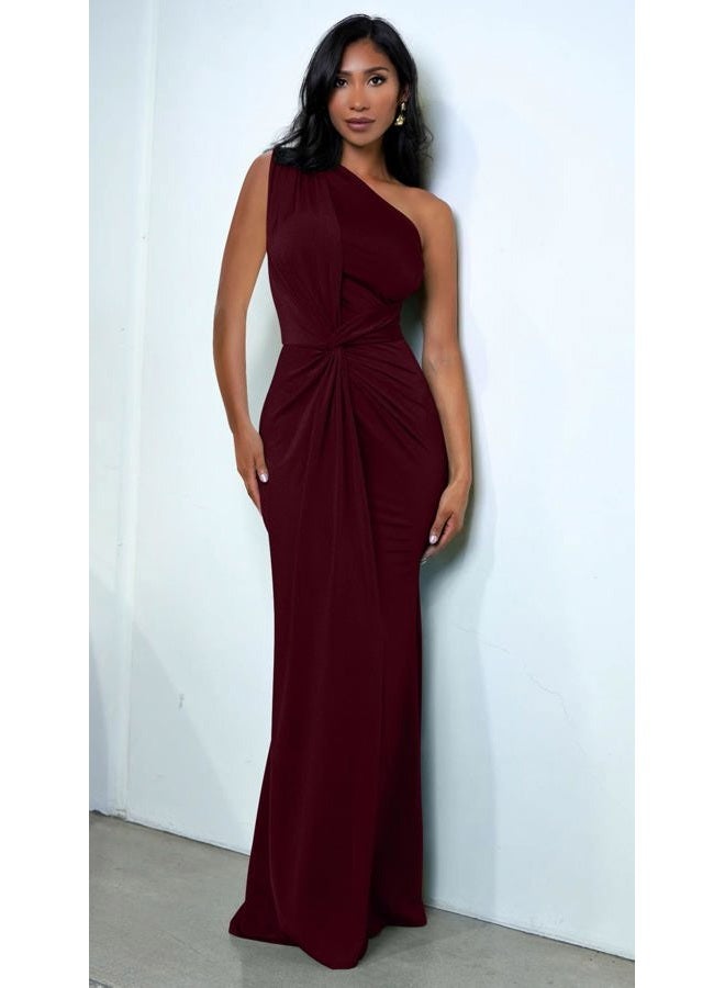 Memoriesea Women's Elegant Sleeveless One Shoulder Bodycon Evening Cocktail Maxi Dress, Burgundy, L - Image 5