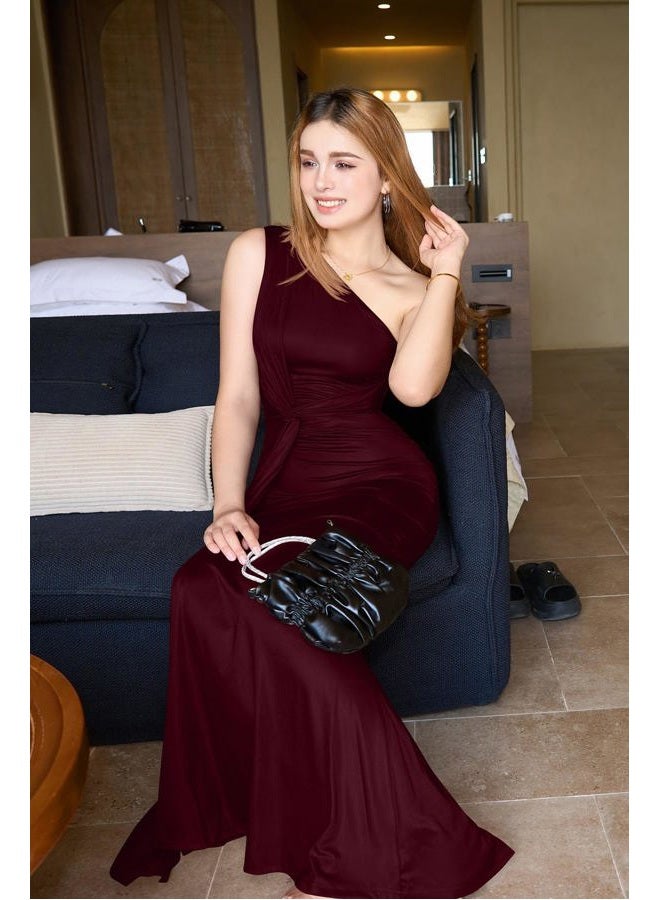 Memoriesea Women's Elegant Sleeveless One Shoulder Bodycon Evening Cocktail Maxi Dress, Burgundy, L - Image 4