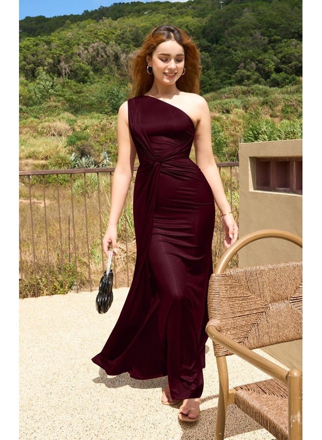Memoriesea Women's Elegant Sleeveless One Shoulder Bodycon Evening Cocktail Maxi Dress, Burgundy, L - Image 2
