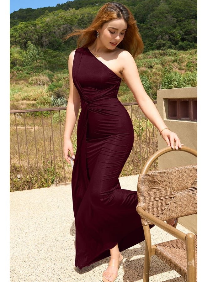 Memoriesea Women's Elegant Sleeveless One Shoulder Bodycon Evening Cocktail Maxi Dress, Burgundy, L - Image 3