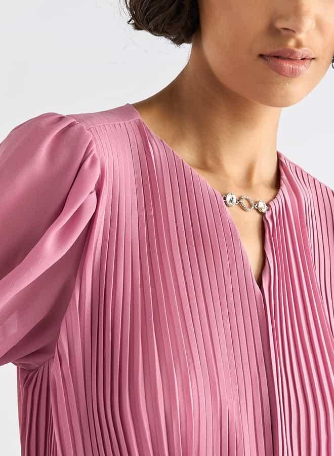 سبلاش فيڤ فستان بكسرات وياقة بفتحة عنق وأكمام منفوخة - Image 4