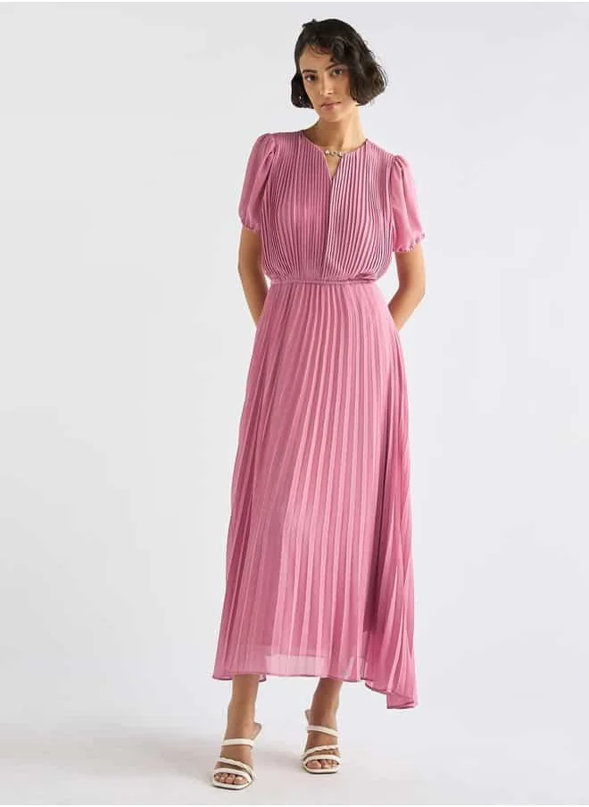 FAV Pleated Keyhole Neck Dress with Puff Sleeves