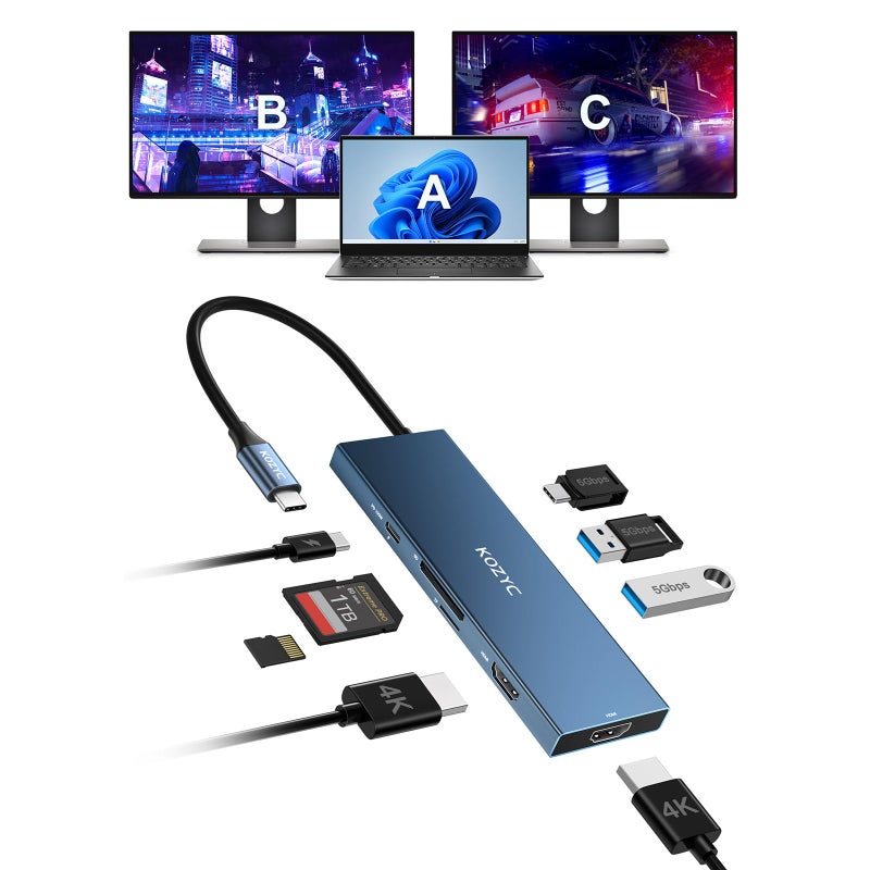 KOZYC USB C Docking Station Dual HDMI 4K@60Hz, 8-in-1 USB C Hub 2 HDMI, USBC 3.0, 2xUSB-A 3.0, SD/TF, 100W PD, Laptop Docking Station Dual Monitor Compatible with HP, Dell - Image 1